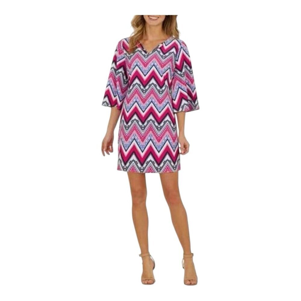 Jude Connally Bree Shift Dress Jude Cloth Zig Zag Berry Size XS 3/4 Sleeves
